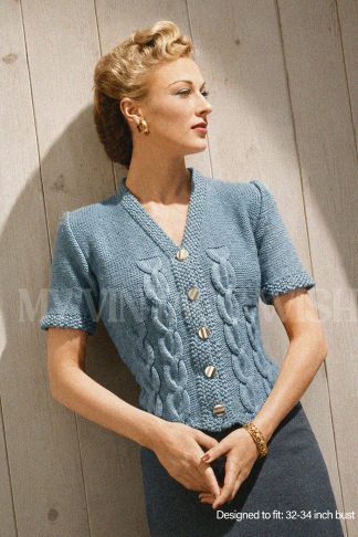 1940s Cable Cardigan Knitting Pattern – Short Sleeves & V Neck