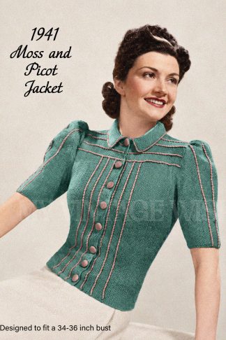 1940s Moss Stitch Cardigan Knitting Pattern with Picot Edging – Bust 34–36 Inches
