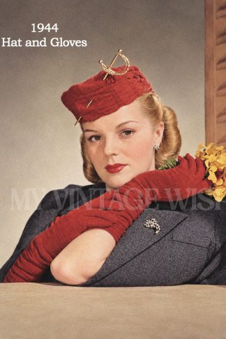 1944 Hat and Gloves Knitting Pattern – Ruched 3-Ply Wartime Accessories