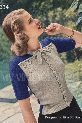 1940s Pussy Bow Blouse Knitting Pattern – Contrast 3 Ply Jumper, Bust 32
