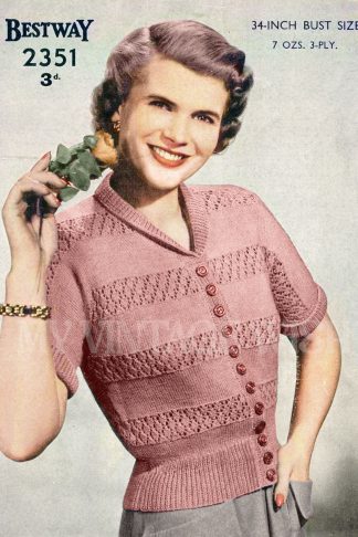 1940s Cardigan Jumper Knitting Pattern – Lace Stripe – Bust 34