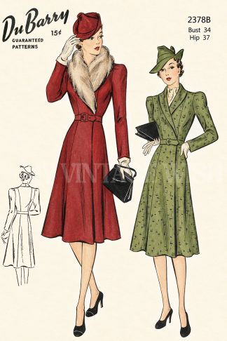 1940s Women’s Belted Coat Sewing Pattern with Fur Collar – Bust 34