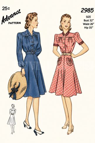 1940s Shirtwaist Dress Sewing Pattern – Short or Long Sleeves