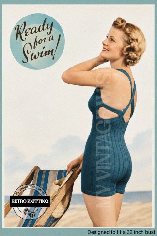 1937 Cross-Back Knitted Bathing Suit Pattern – 1930s Swimwear, Bust 32