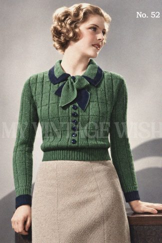 1930s Windowpane Check Jumper Knitting Pattern – Bow Neck – 38" Bust