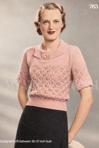 1930s Lace Jumper Knitting Pattern – Short Sleeves & Square Roll Collar