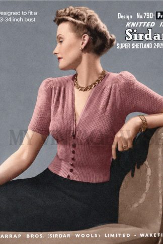 1940s Puff Sleeve V-Neck Jumper Knitting Pattern – Bust 33–34 Inches