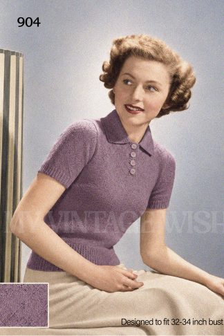 1930s Polo Collar Jumper Knitting Pattern – Short Sleeves – Bust 32–34"