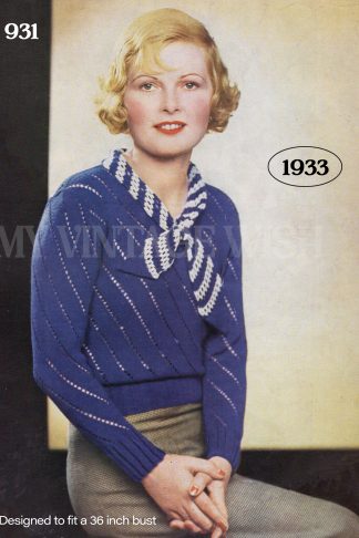 1930s Women’s Diagonal Knit Jumper Knitting Pattern with Tie Collar