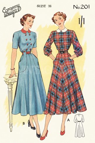 Late 1940s Peter Pan Collar Dress Sewing Pattern – Pocket Detail, Bust 36