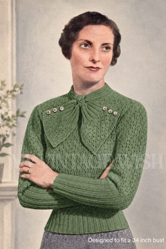 1930s Bow Neck Jumper Knitting Pattern – Bust 34