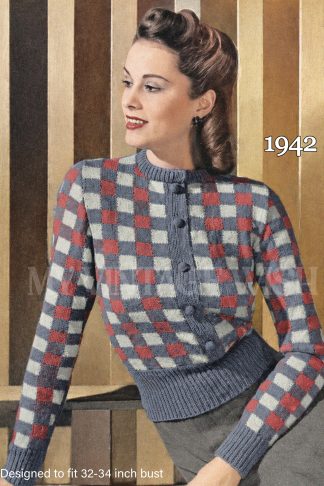 1940s Check Blouse Knitting Pattern – Women’s Colour-work Cardigan, Bust 32–34