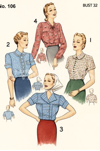 Early 1940s Four Blouse Sewing Pattern – Pussy Bow, Yoked & Collared Styles