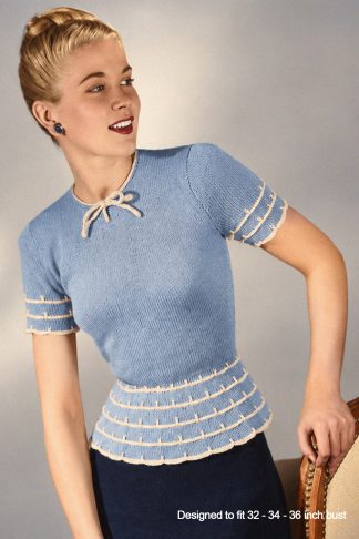 1940s Peplum Sweater Knitting Pattern – Contrast Stripe Jumper – Bust 32–36"