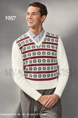 1950s Men’s Fair Isle Jumper Knitting Pattern – V-Neck, Chest 38–44 Inches