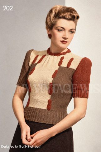 1940s Colour Block Cable Sweater Knitting Pattern – Short or Long Sleeves – Bust 34–36"