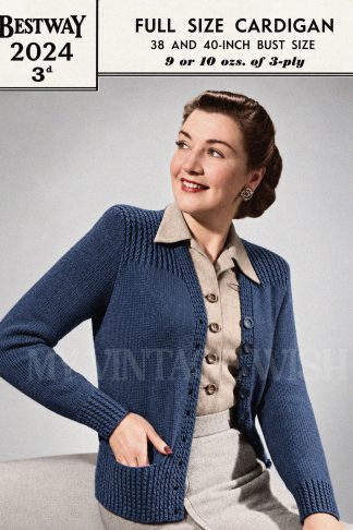 1940s Cardigan Knitting Pattern with Pockets – Larger Vintage Sizes, Bust 38–40 Inches