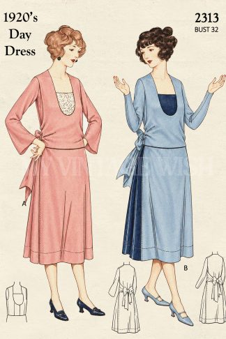 1920s Afternoon Frock Sewing Pattern – Drop Waist Dress with Two Sleeve Styles