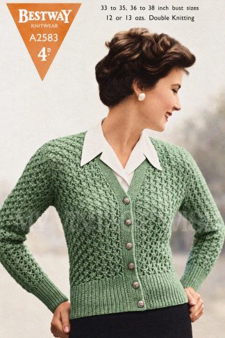 1950s Lace V-Neck Cardigan Knitting Pattern – Bust 33–38"