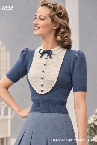 1940s Knitting Pattern – Vintage Bib Front Sweater with Short or Long Sleeves