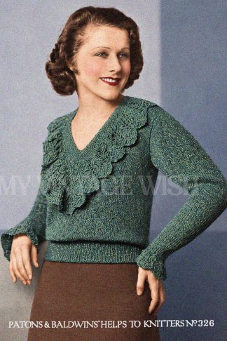 1930s Knitting Pattern – Two V-Neck Jumpers with Frill or Striped Trims