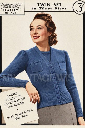 1940s Knitted Twin Set Pattern – Classic Cardigan & Jumper – 32–40 Bust
