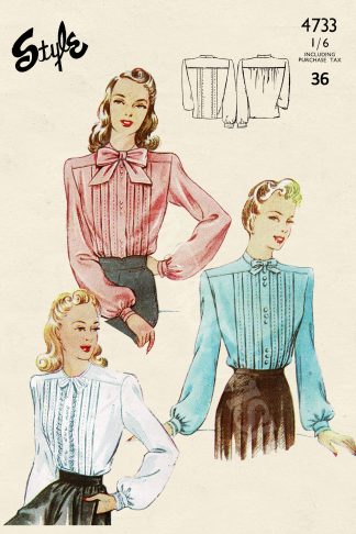 1940s Tie Neck Blouse Sewing Pattern – Long or Short Sleeves