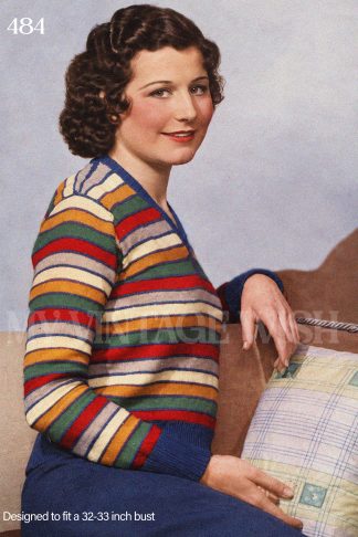 1930s Striped V-Neck Jumper Knitting Pattern – Colourful 4-Ply Sweater