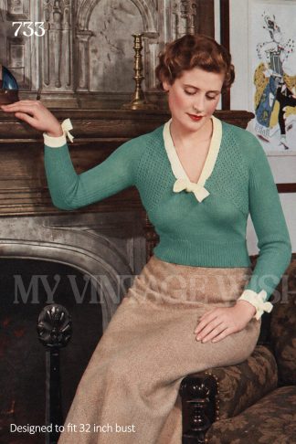 1934 Bow Trim Raglan Jumper Knitting Pattern – Bust 32"