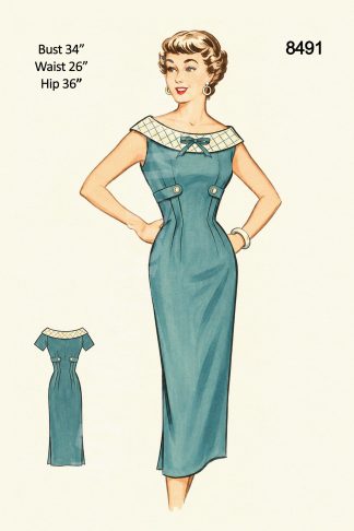 1950s Wiggle Dress Sewing Pattern – Fitted Sheath Dress with Contrast Collar