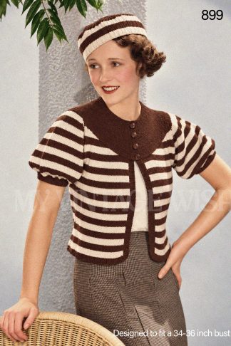 1930s Striped Bolero Coat & Fez Hat Knitting Pattern – Bust 34–36
