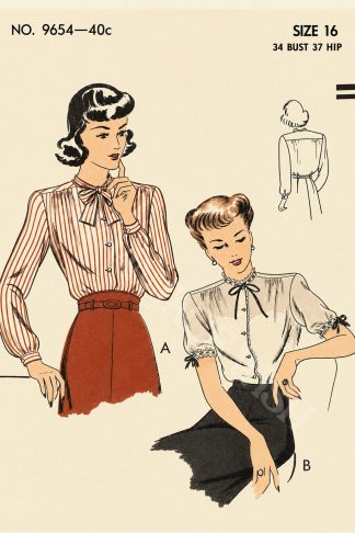 1940s Gathered Yoke Blouse Sewing Pattern | Short or Long Sleeves | Tie Neck