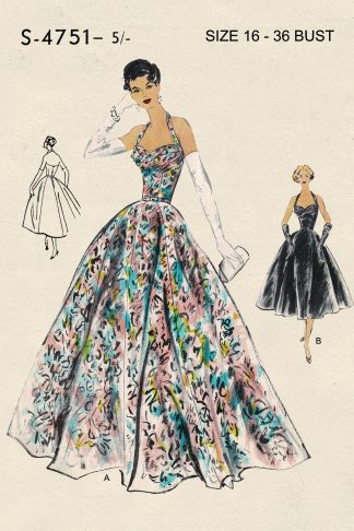 1950s Evening Dress Sewing Pattern – Full Skirt Halter Neck Ball Gown in Two Lengths