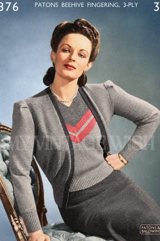 1940s Knitted Twin Set Pattern – Striped V-Neck Jumper & Cardigan